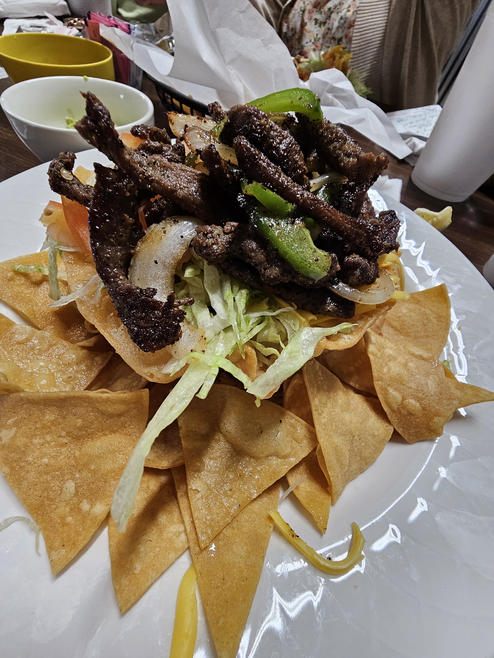 Beef fajita taco salad with crispy tortilla chips